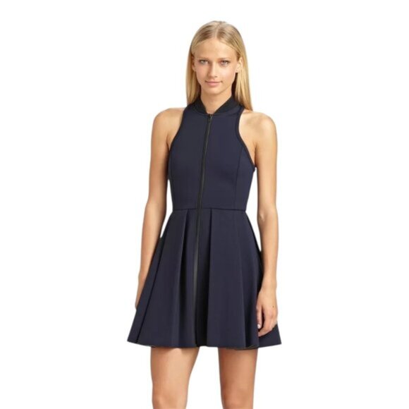 T by Alexander Wang Navy Zip Front Scuba Neoprene Box Pleated Skater Dress Sz M - Picture 1 of 16